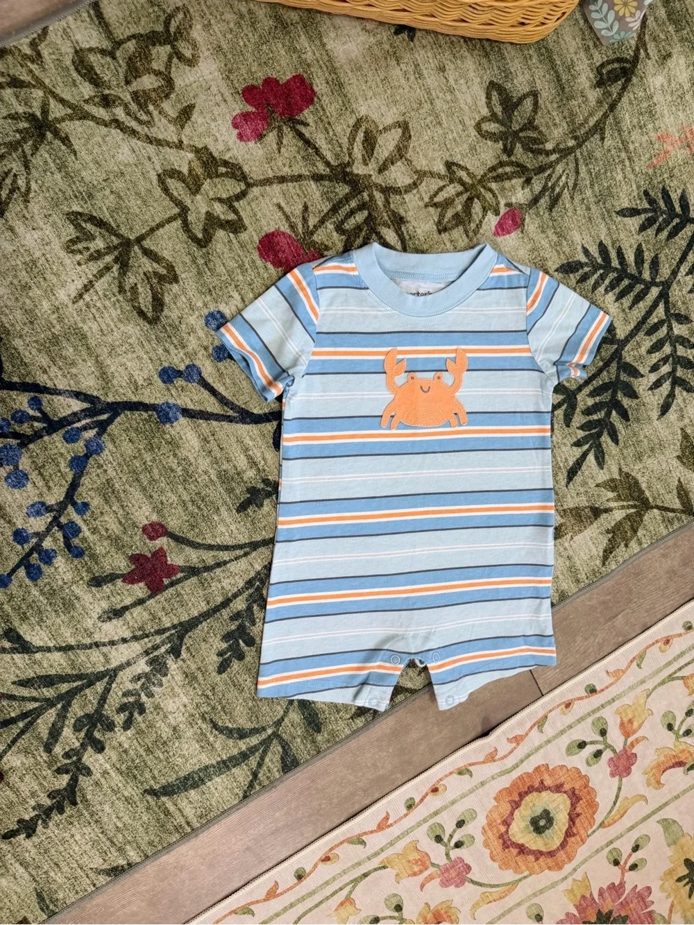 Carter's Light Blue & Orange Striped Crab Romper 6-9 Months Baby Boy
